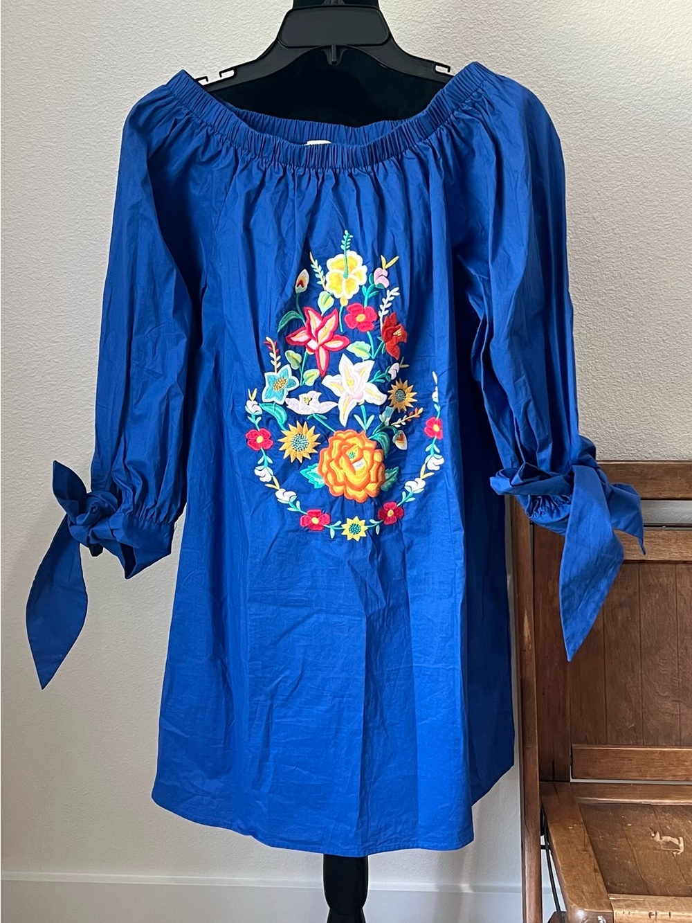 Velzera Blue Off-Shoulder Tunic with Colorful Floral Embroidery size M